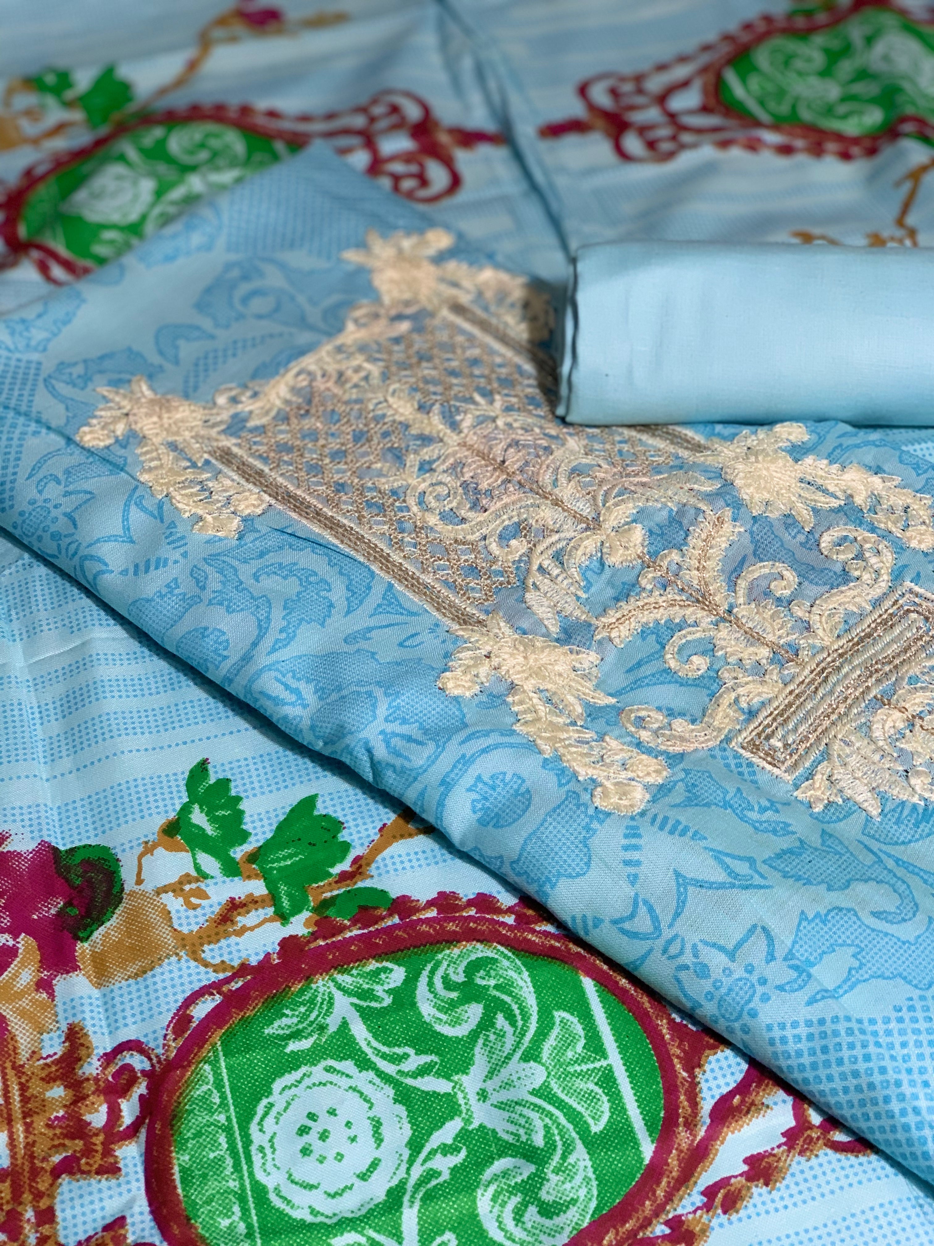 3 Pc Unstitched Lawn Suit - Embroidered